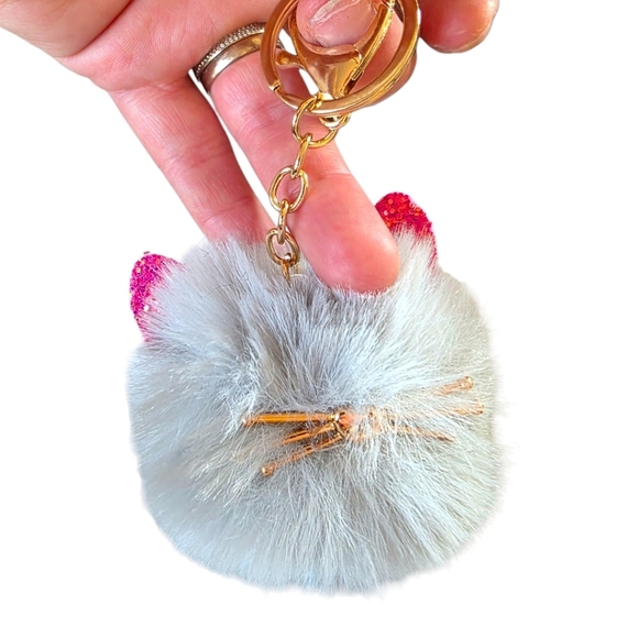 Furry Poof Cat Purse Charm with Pink Ears- Gray - Picture 1 of 2